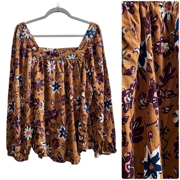 Sonoma Brown Print Square Neck Lyocell Rayon Blend Peasant Boho Blouse Size 1X - Picture 10 of 10